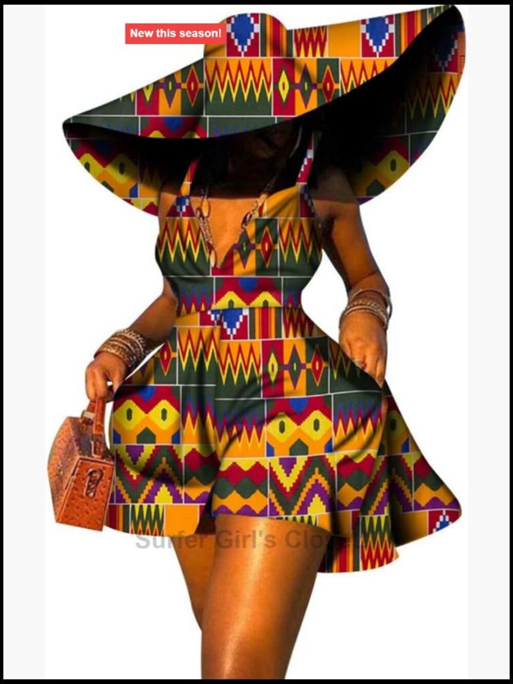 Traditional Ankara Kente Print Dress with Hat, Suspenders, Deep V-Neck, High